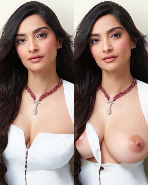Sonam Kapoor low neck white dress removed boobs nipple naked show